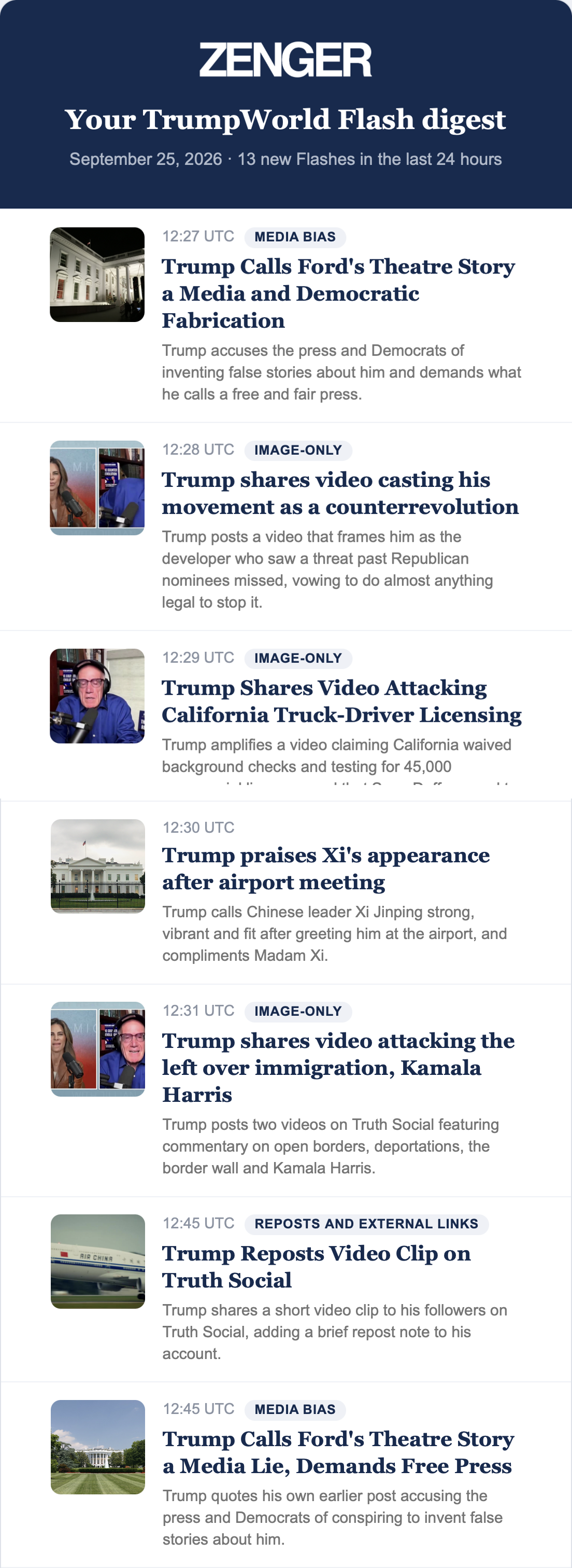 A real Trump World digest email, showing the morning summary and several stories